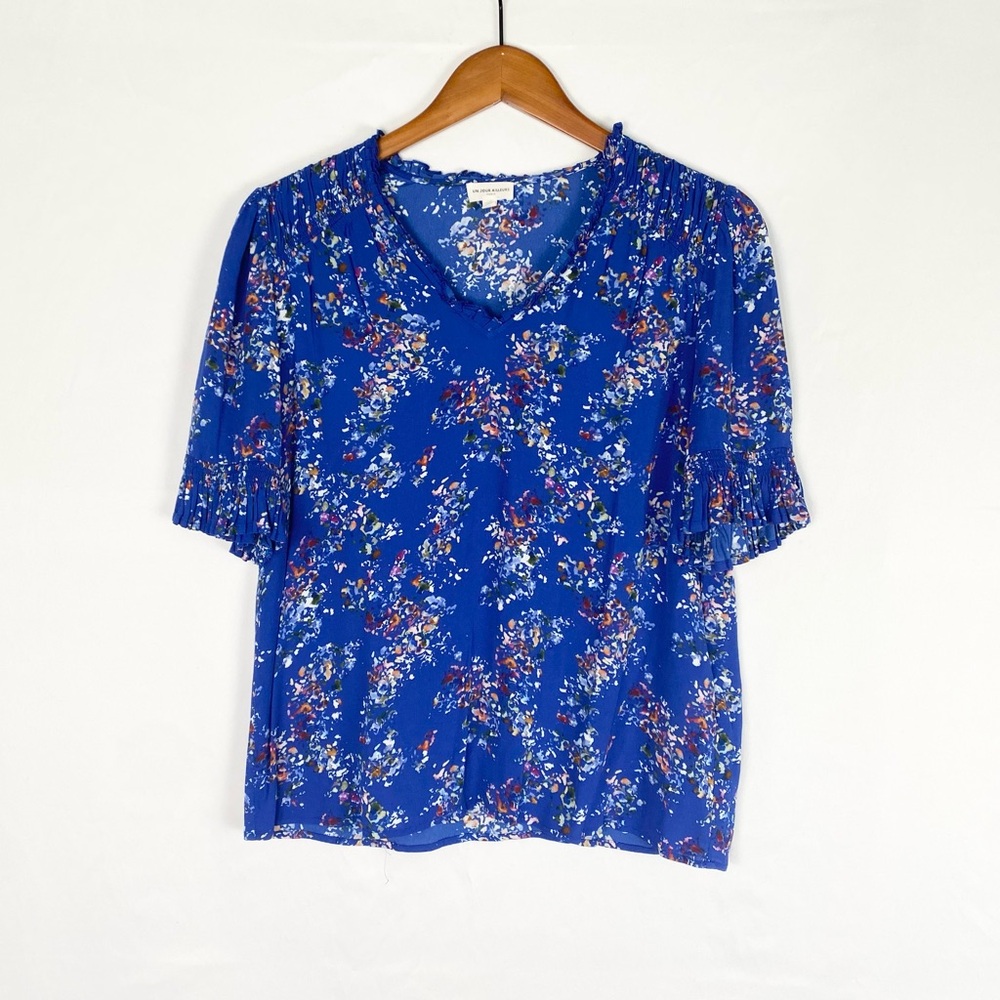 Un Jour Ailleurs Paris Floral Blue Short Sleeve Blouse Size 1‎ Relaxed